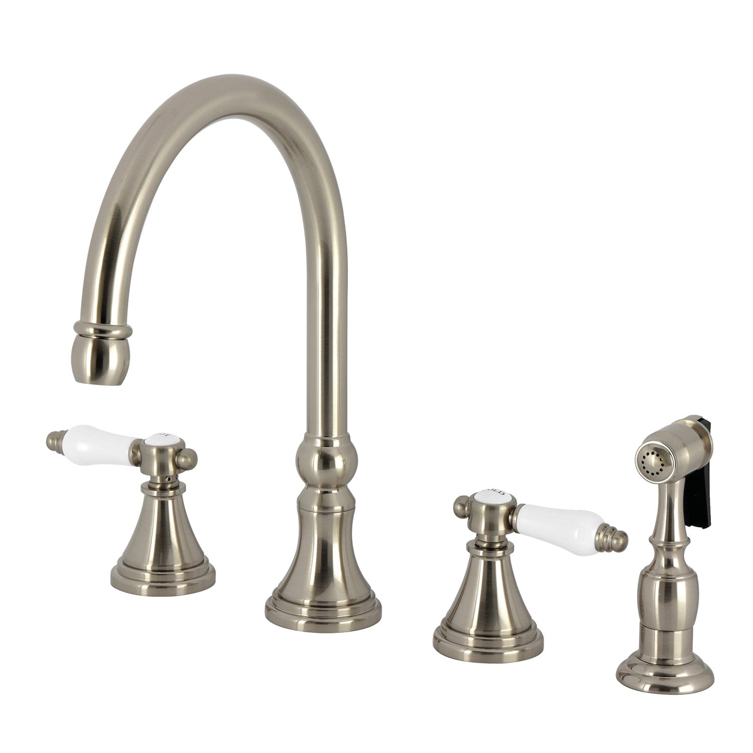 Kingston Tulare KS2798BPLBS - Bel-Air Double-Handle 4-Hole Widespread Kitchen Faucet with Brass Sprayer, Brushed Nickel — image 1